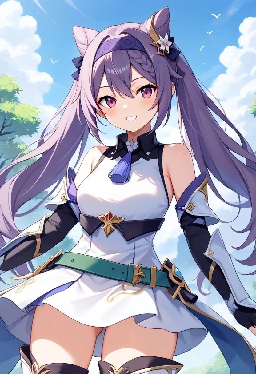 score_9, score_8_up, score_7_up, source_anime, best quality, masterpiece, 1girl, solo, smile. dutch angle, outdoors, sky,
keqingcs, purple hair, cone hair bun, purple eyes, long hair, double bun, braid, twintails,
headband, white armor, shoulder armor, breastplate, white tunic, green belt, elbow gloves, fingerless gloves, white boots, thigh boots