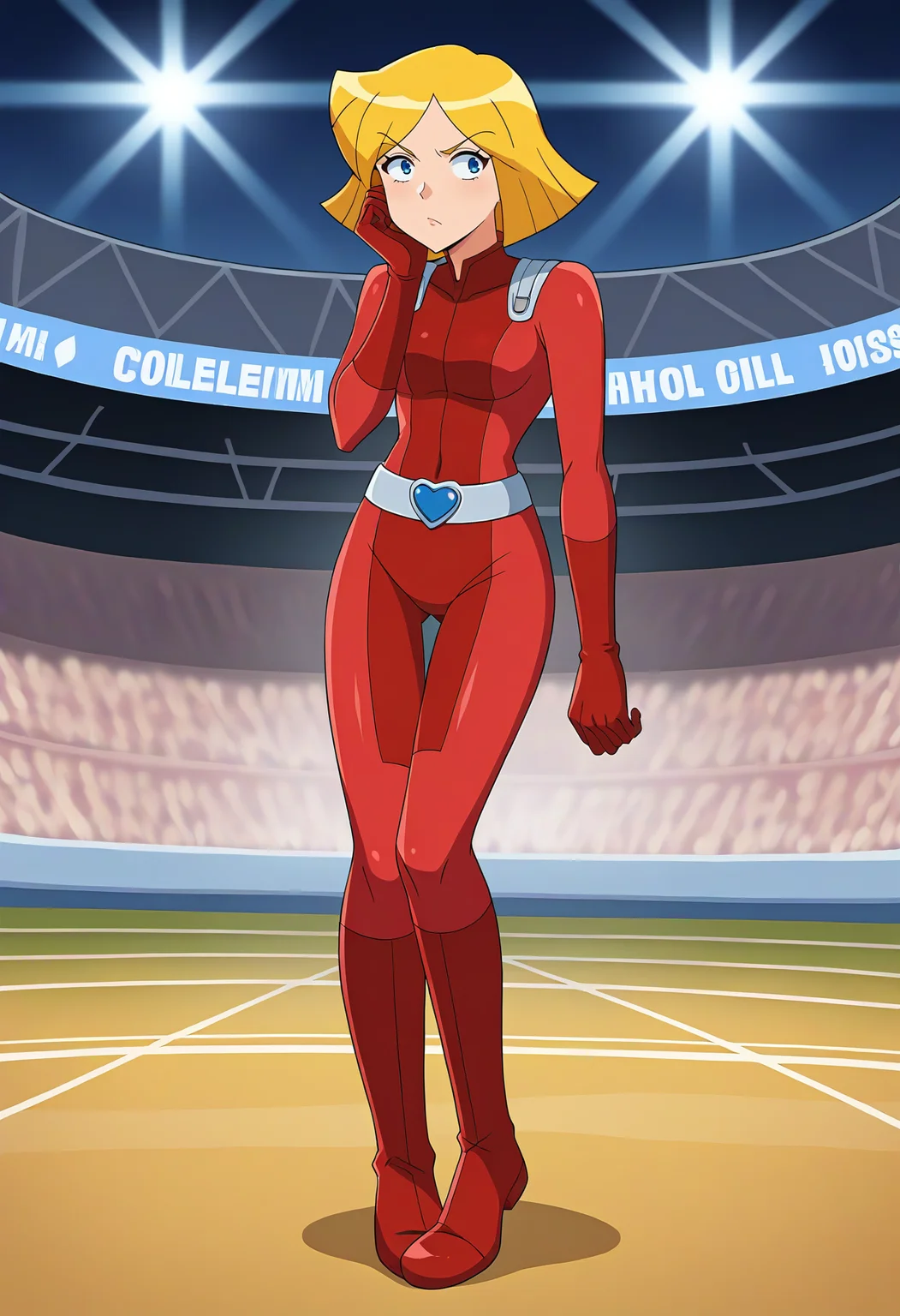 score_9, score_8_up, score_7_up, BREAK source_anime, 1girl, clover \(totally spies\), blonde hair, short hair, blue eyes, red bodysuit, belt, bored, seiza, full body, colosseum <lora:brj-clover-ponyXL-v0.6:0.8>
