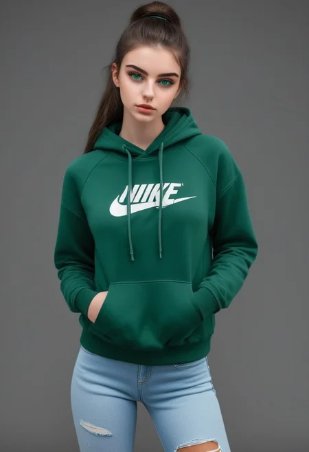 portrait (((skinny))) girl, big breast, pale skin, beauty, Nike hoodie, short denim, nike shoes, profile photo, SkinHairDetail, USA style 2024's, nike style, a girl with ((((dark-green eyes)))), SkinHairDetail,