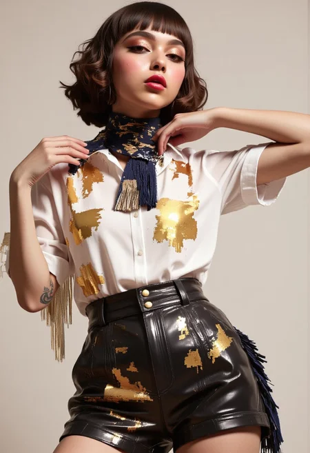 A high-resolution photograph of a young woman. She has a light skin tone and shoulder-length, wavy brown hair with blunt bangs. Her makeup is dramatic, featuring bold red lipstick, dark eyeshadow, and blush that accentuates her cheeks. She is wearing a white, short-sleeved blouse with a slightly open collar, adorned with large, irregular gold patches that create a splattered effect. The blouse is paired with high-waisted, black leather shorts that have a glossy texture and gold accents. Over her left shoulder, she carries a dark blue, fringed scarf with gold and white splatters, which drapes down her back. Her right hand is raised, with her fingers gently touching her neck, while her left hand rests on her hip. She has a tattoo on her right forearm. The overall aesthetic of the photograph is modern and edgy, with a focus on bold fashion and makeup. The lighting is soft but directional, highlighting the textures and colors of her clothing and skin. The background is plain and uncluttered, ensuring that the subject remains the focal point. MOSH
