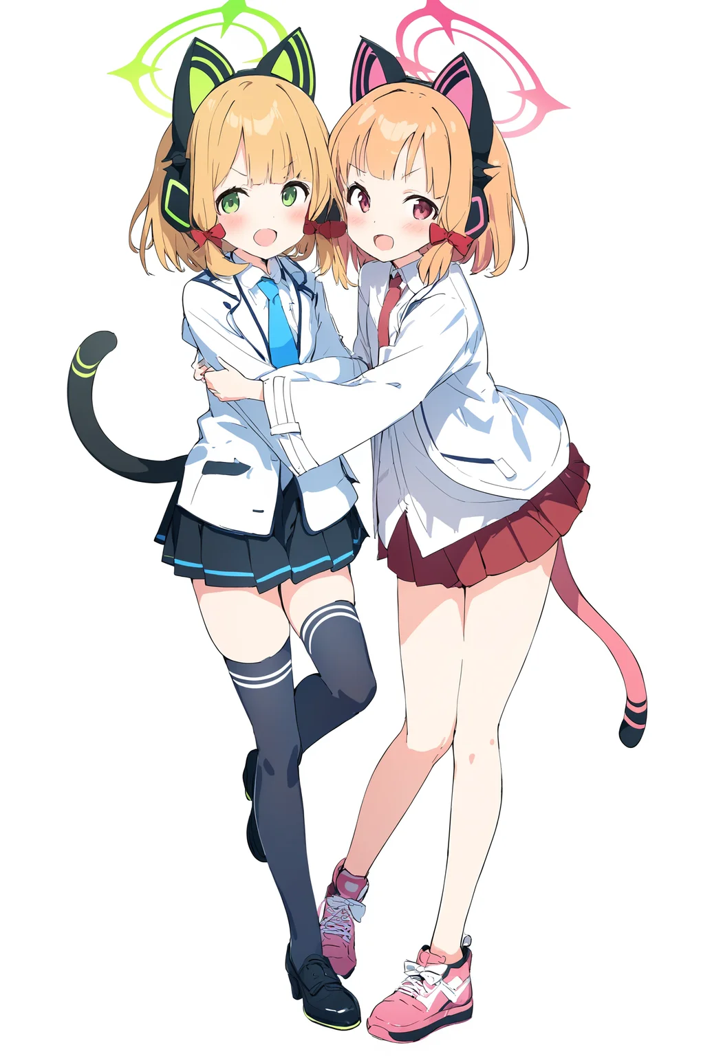 1girl,(momoko (momopoco):1.2),anmi, ogipote,
momoi \(blue archive\), midori \(blue archive\),
masterpiece, newest, absurdres,
looking at viewer, blush, open mouth, multiple girls, skirt, simple background, shirt, thighhighs, long sleeves, white background, bow, holding, 2girls, jacket, tail, full body, white shirt, :d, hair bow, pleated skirt, open clothes, necktie, shoes, shorts, collared shirt, wide sleeves, black skirt, black footwear, red bow, v-shaped eyebrows, cat tail, short shorts, headphones, halo, black shorts, white jacket, standing on one leg, sisters, twins, pink footwear, heads together, cheek-to-cheek, animal ear headphones, cat ear headphones