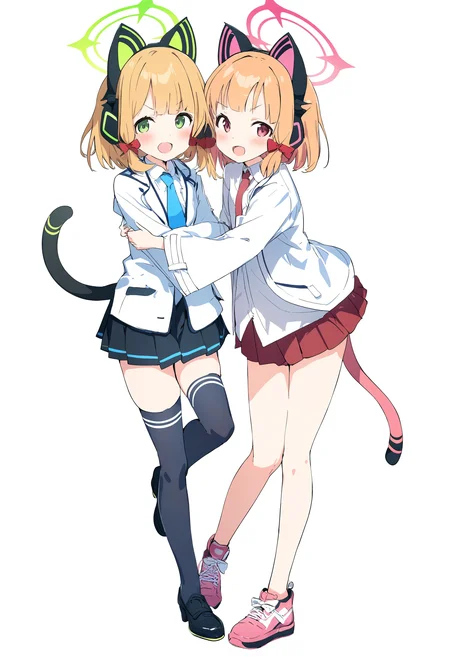 1girl,(momoko (momopoco):1.2),anmi, ogipote,
momoi \(blue archive\), midori \(blue archive\),
masterpiece, newest, absurdres,
looking at viewer, blush, open mouth, multiple girls, skirt, simple background, shirt, thighhighs, long sleeves, white background, bow, holding, 2girls, jacket, tail, full body, white shirt, :d, hair bow, pleated skirt, open clothes, necktie, shoes, shorts, collared shirt, wide sleeves, black skirt, black footwear, red bow, v-shaped eyebrows, cat tail, short shorts, headphones, halo, black shorts, white jacket, standing on one leg, sisters, twins, pink footwear, heads together, cheek-to-cheek, animal ear headphones, cat ear headphones