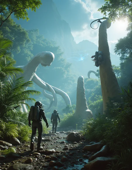 cinematic sfx sci-fi photography of an alien planet with explorers in futuristic space suits traversing a wild terrain among monstrous wild creatures with tentacles in a lush forest of bizarre plants. Fronds and thick milky stalks rise improbably tall due to the planets low gravity and the thin atmosphere allows the glow of nearby nebulas to light up the sky.