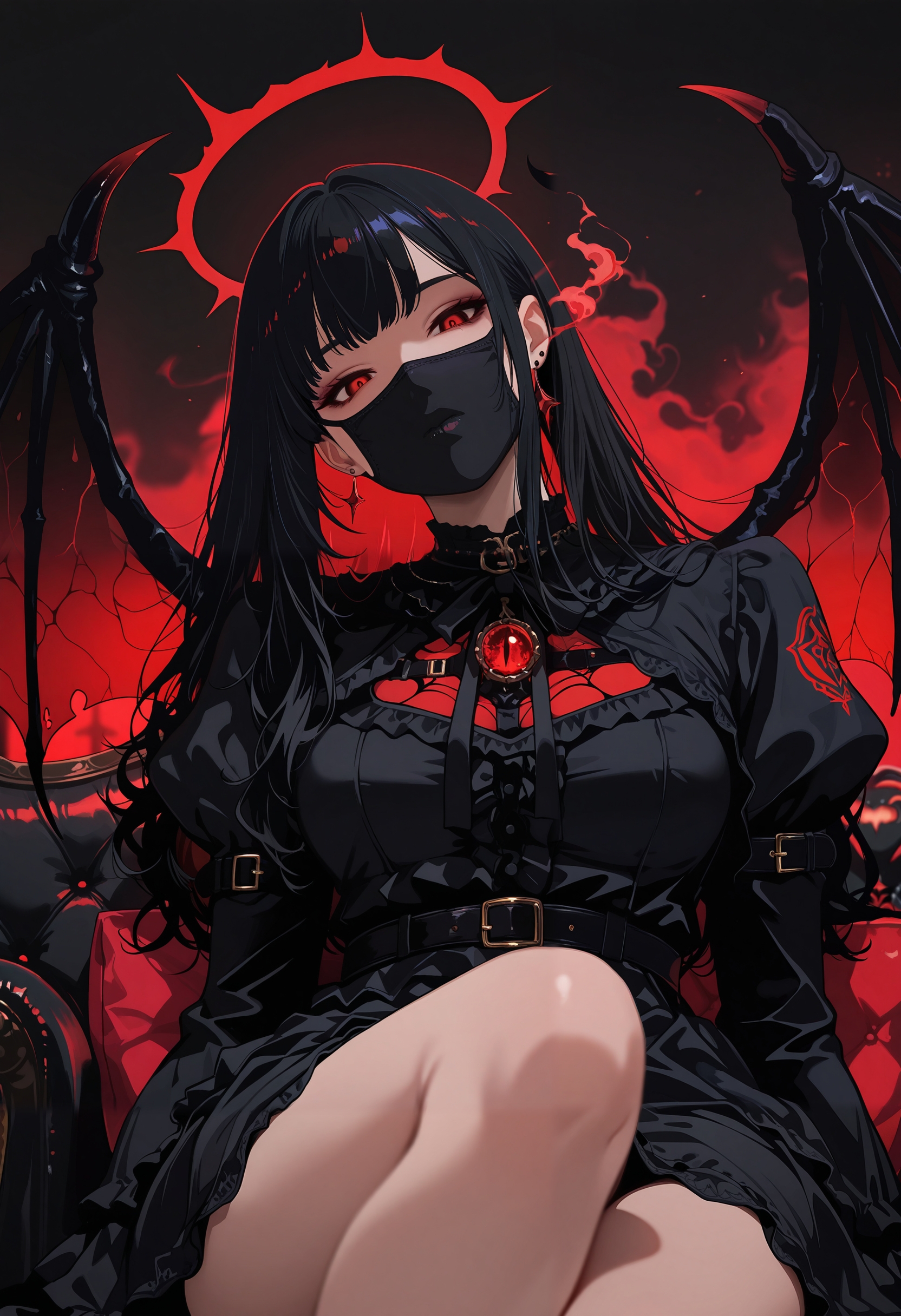 masterpiece, best quality, good quality, very aesthetic, absurdres, newest, 8K, depth of field, focused subject, close up, stylized, in black mask, wabi sabi, 1girl, red breath, head tilt, gothic, red angel wings, looking at viewer, dynamic angle, relaxing, summoning, dark atmosphere, black couch, gates of hell, inner demon