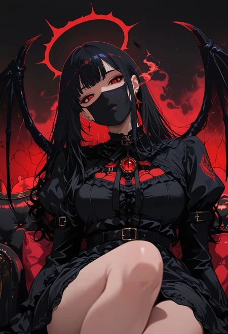 masterpiece, best quality, good quality, very aesthetic, absurdres, newest, 8K, depth of field, focused subject, close up, stylized, in black mask, wabi sabi, 1girl, red breath, head tilt, gothic, red angel wings, looking at viewer, dynamic angle, relaxing, summoning, dark atmosphere, black couch, gates of hell, inner demon