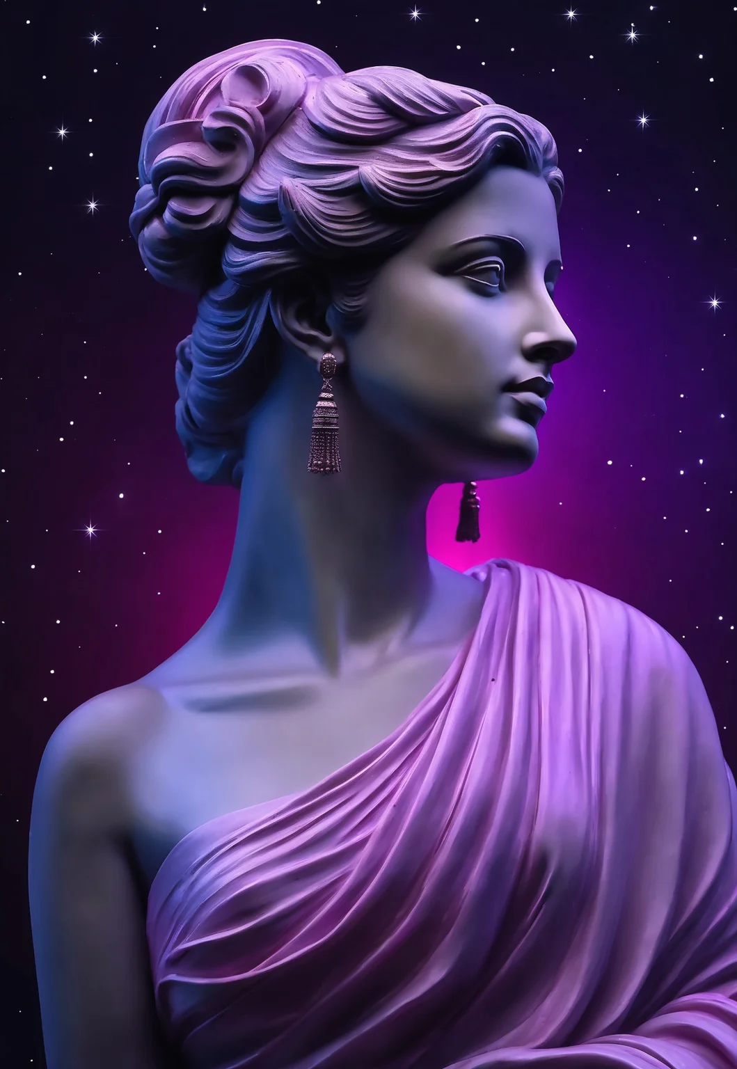 A greek female statue bust with updo and sidelocks hairstyle looking to the side, black sky with stars background, purple and pink neon lights reaching the statue,
BREAK, detailed art, realistic art, 4k, (best quality 1:1), masterpiece, intricate details,