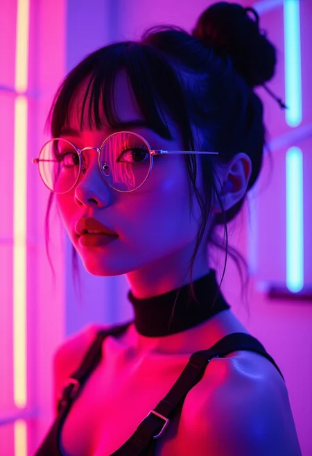 This is a digital illustration rendered in a highly stylized, hyper-realistic CGI (computer-generated imagery) style, characterized by vibrant neon colors and smooth textures. The subject is a young woman of East Asian descent with a fair complexion and an athletic build. She has her dark hair styled in a sleek, high bun. She wears round, thin-rimmed glasses that reflect the neon lights around her, adding to the futuristic ambiance.