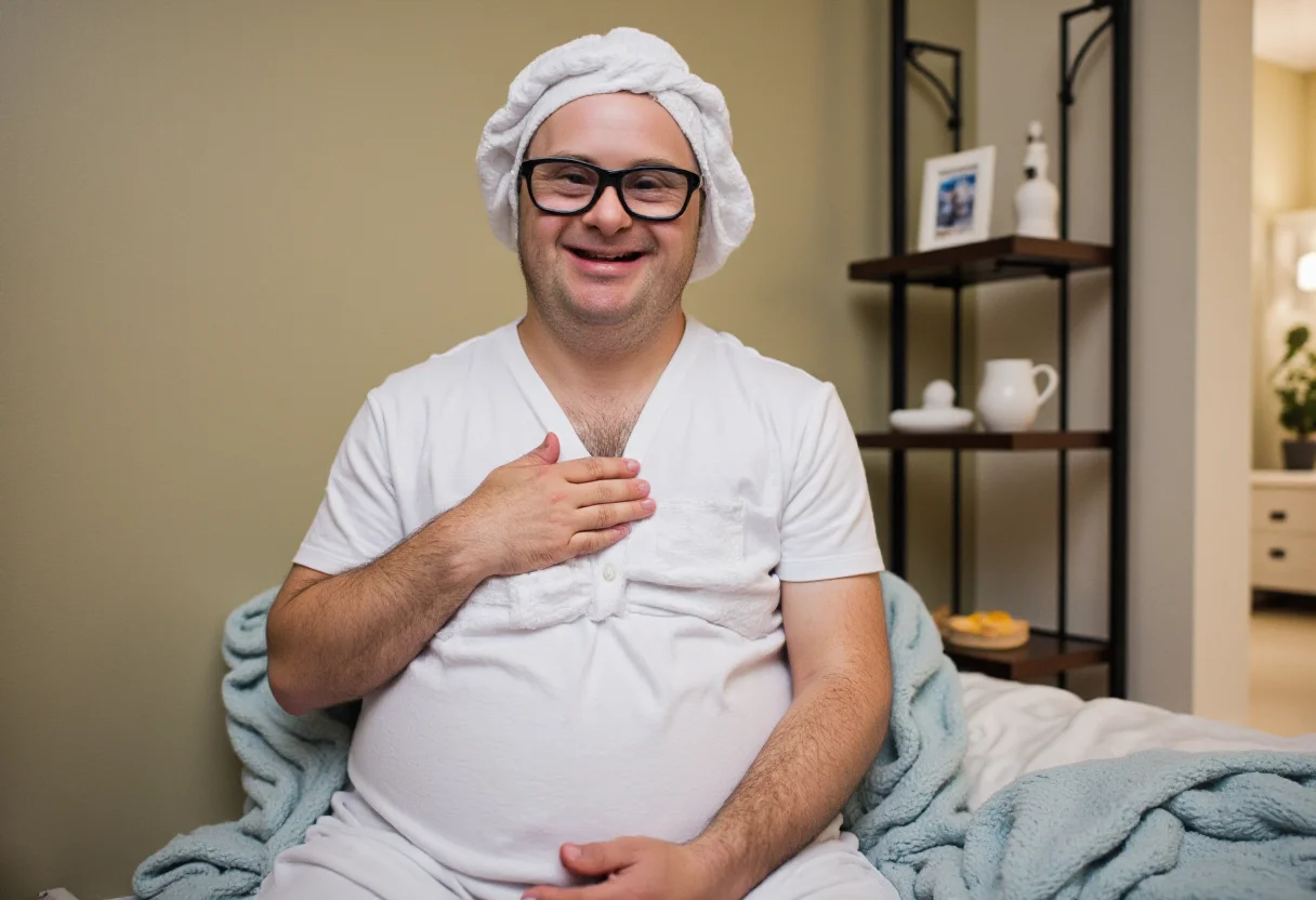 a pregnancy photo where a fully clothed emaciated man with Down syndrome is having a virtual self-care spa day. No watermark, no signature.