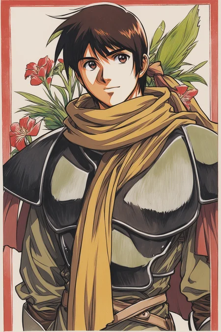 solo,1boy,Parn,male focus,flower,armor,brown hair,scarf,bandana,traditional media,upper body,white background,simple background,painting \(medium\),
<lora:yuuki nobuteru_XL:0.8>,