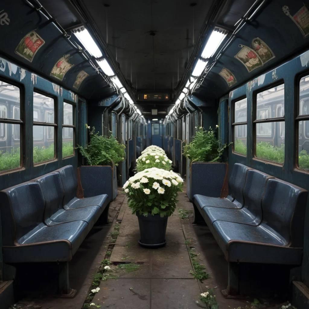 empty old abandoned dark metro train with potted flowers<lora:Metro:1>