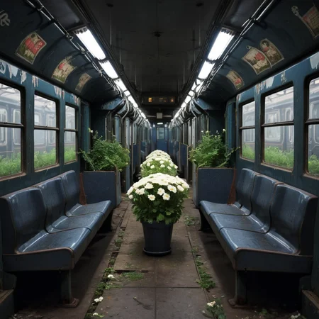 empty old abandoned dark metro train with potted flowers<lora:Metro:1>