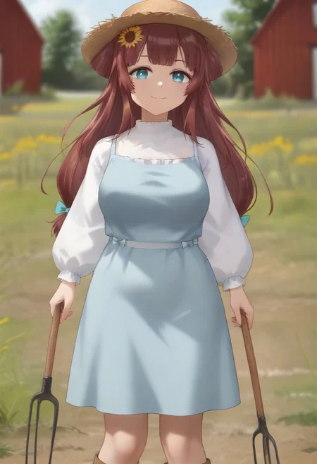 1girl, solo, solo focus, highres, absurdres, RemiSprings, hair flower, sunflower hair ornament, brown hair, long hair, bangs, blue eyes, straw hat,
blue dress, white shirt, hair bow, blue bow, bangs, long sleeves, mature female, large breasts,
looking at viewer, smile, closed mouth, holding pitchfork, pitchfork,
brown boots, light particles, full body,
day, sunlight, rural, barn,