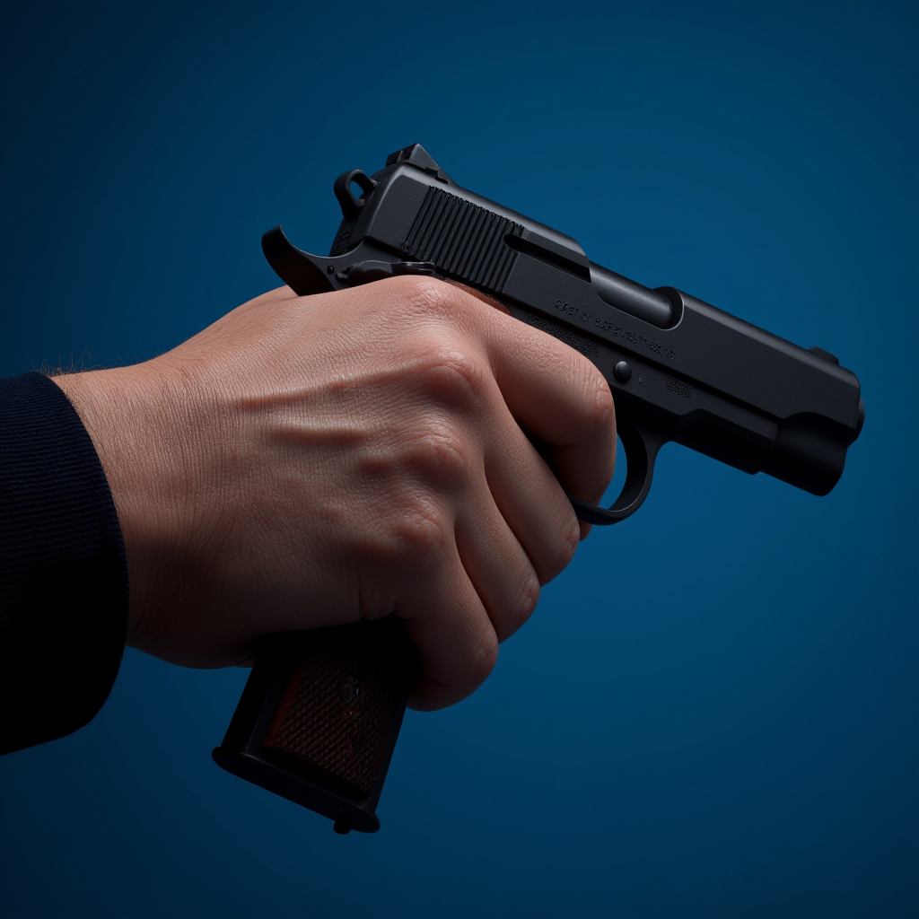 Hyperrealistic art of  <lora:skin texture style v5:1>
a closeup of a man's hand holding a colt pistol in his hand, perfect skin, detailed skin pore, realism style, perfect image, perfect body, perfect anatomy, sharp image, detailed image, high quality photography, skin texture style, solo, long sleeves, holding, weapon, holding weapon, gun, blue background, holding gun, handgun, m1911, photorealistic, hand focus, Extremely high-resolution details, photographic, realism pushed to extreme, fine texture, incredibly lifelike