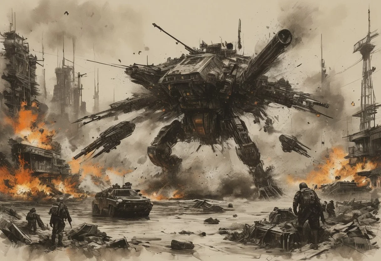The scene depicts a futuristic battlefield with advanced military technology. Multiple soldiers in full-body armor are advancing on foot while two large, armed hovercraft are providing aerial support. The background shows an explosion, emphasizing the intensity of the combat. The soldiers are equipped with rifles and appear to be in a coordinated offensive. The environment is desolate, with minimal structures and a barren landscape. The overall artwork is detailed and monochromatic, giving a gritty and realistic feel to the futuristic warfare setting..Niji, aidma-niji, ral-dissolve, (ink-style, ink_wash_painting),
