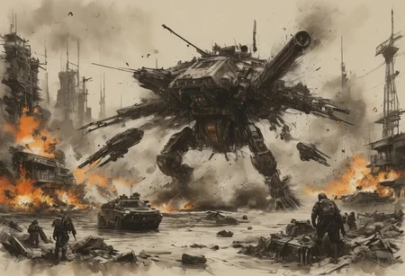 The scene depicts a futuristic battlefield with advanced military technology. Multiple soldiers in full-body armor are advancing on foot while two large, armed hovercraft are providing aerial support. The background shows an explosion, emphasizing the intensity of the combat. The soldiers are equipped with rifles and appear to be in a coordinated offensive. The environment is desolate, with minimal structures and a barren landscape. The overall artwork is detailed and monochromatic, giving a gritty and realistic feel to the futuristic warfare setting..Niji, aidma-niji, ral-dissolve, (ink-style, ink_wash_painting),