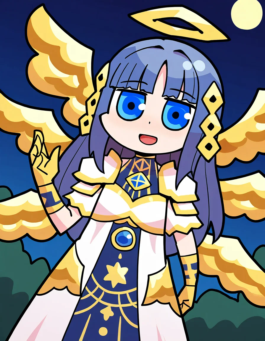 masterpiece, best quality, newest, absurdres, highres, safe, 1girl, nanami yachiyo \(historia ver.\), magia record: mahou shoujo madoka magica gaiden, papa \(shimeguru\), rhombus halo, multiple wings, white dress, gold gloves, smile, open mouth, solo, night, outdoors, dutch angle, <lora:nanami_yachiyo_noobaiXLNAIXL_vPred10Version:0.7>
