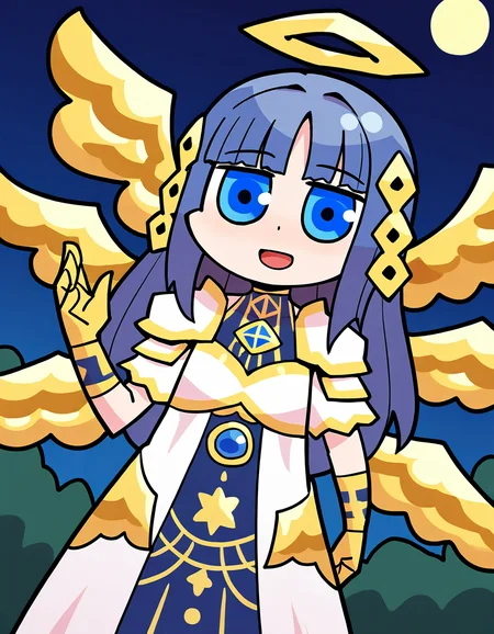 masterpiece, best quality, newest, absurdres, highres, safe, 1girl, nanami yachiyo \(historia ver.\), magia record: mahou shoujo madoka magica gaiden, papa \(shimeguru\), rhombus halo, multiple wings, white dress, gold gloves, smile, open mouth, solo, night, outdoors, dutch angle, <lora:nanami_yachiyo_noobaiXLNAIXL_vPred10Version:0.7>