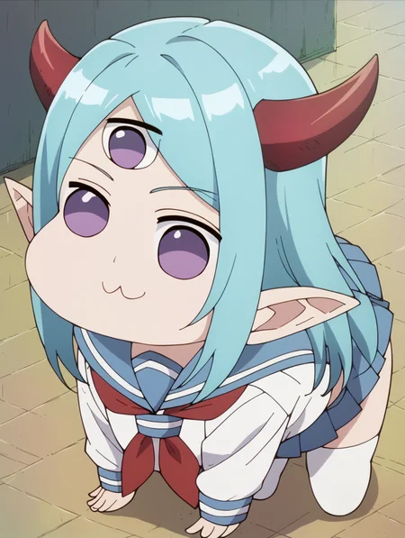 score_9, score_8_up, score_7_up, score_6_up, score_5_up, score_4_up, source_anime,rating_safe, 1girl,solo, <lora:lv1maou_b_v1:1>, lv1maou_b, horns, pointy ears, aqua hair, purple eyes, school uniform, pleated skirt, neckerchief, white legwear, shoes, <lora:Doro_X_PDXL_V1:0.8>,doro, creature, chibi, :3, all fours