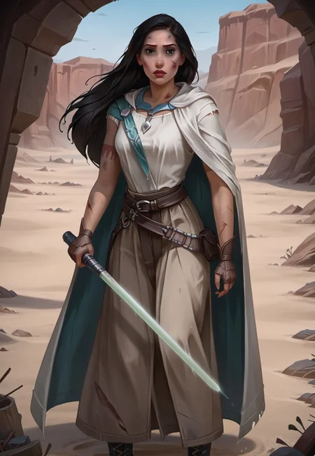safe_pos, ((zPDXL3)), OZRN, digital art, score_9,score_8_up,score_7_up,score_6_up, face focus, waist-up portrait, absurdres, masterpiece, high res, detailed,
1girl, solo, (((DisneyPocahontas, 1girl, black hair, black eyes, long hair, dark skin))), (d4rkr3v4n4rm0r, white robe, cape, hood down, breastplate, gauntlets, belt, pants, belt boots), (holding lightsaber, green lightsaber), calm expression, makeup, beautiful woman, action pose,
BattleDamage, cuts, bruises,
in danger, distressed, alarmed, (combat stance),
dramatic, danger, dutch angle, dof, sand desert background, perfect, Hand, detailed, perfection, hands,
<lora:bastilashan:1> <lora:Battle_Damage:0.3> <lora:hand 4:0.5>