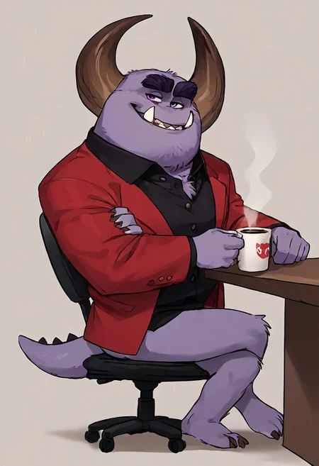 ((noseless)), Expressiveh, solo, score_9, score_8_up, score_7_up, score_6_up, score_5_up, score_4_up, source_furry, hi res, johnny worthington, monster, satan-like monster, big horns, purple fur, upward-facing fangs, thick eyebrows, muscular, slighty chubby, purple eyes, claws, mature male, anthro, holding a cup of coffee, smiling, smirk, seated in a desk chair, legs crossed, spiked tail, full body, male, looking at viewer, formal, red shirt, black t-shirt, bottomless, lateral view, side view