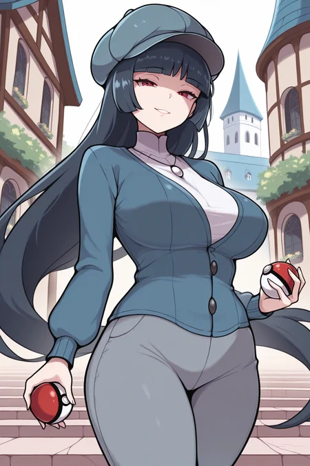 masterpiece, best quality, 1girl, solo, <lora:sabrina-illu-nvwls-v1-000006:1> frlgsab, dark blue hair, hime cut, blunt bangs, very long hair, red eyes, large breasts, white shirt, long sleeves, buttons, necklace, blue cardigan, grey pants, cabbie hat, looking at viewer, holding poke ball, european architecture, smile, half-closed eyes