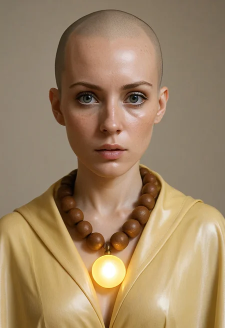 (score_10, score_9_up, score_9, score_8_up, hyperrealism, masterpiece, highly detailed, 8K:1.4), 
BREAK 
1girl, solo, monk, bald, bright eyes, big eyes, yellow clothes, yellow cape, priestly clothes, thick lips, parted lips, freckles, upper body, looking at viewer, sacred_collar,