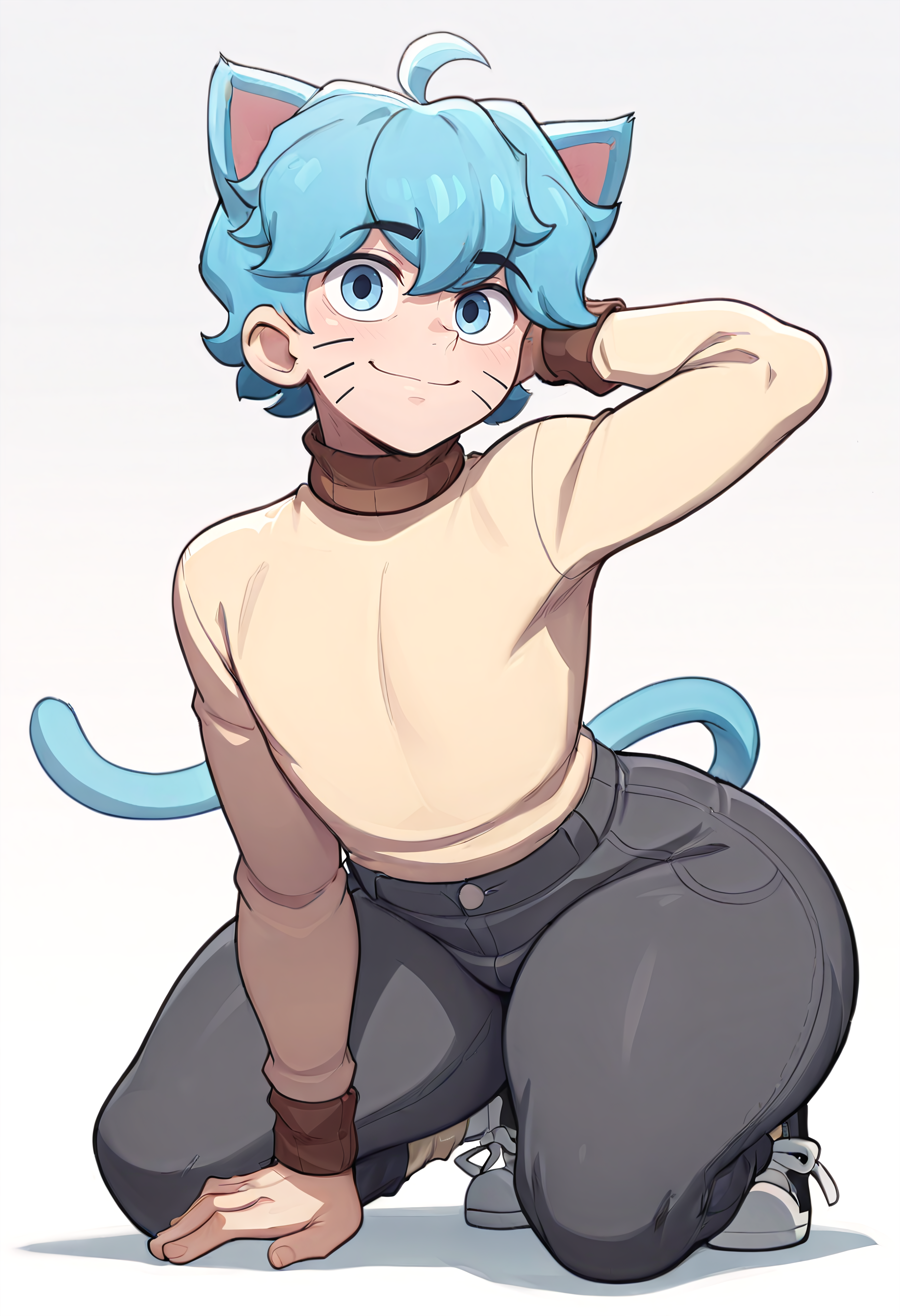 masterpiece, best quality, high quality, detailed, Gumball Watterson, 1boy, male focus, blue tail, solo, tail, whisker markings, cat boy, socks, blue eyes, blue hair, cat ears, cat tail, thick thighs, ahoge, black sneakers, bottom heavy, closed mouth, <lora:Gumball-Illustrious-XL:1> <lora:noobaiXLNAIXL_epsilonPred11Version-lora:0.2>, good anatomy, on knees, hand behind head, brown collar turtleneck sweater with brown cuffs, dark grey pants, looking at viewer