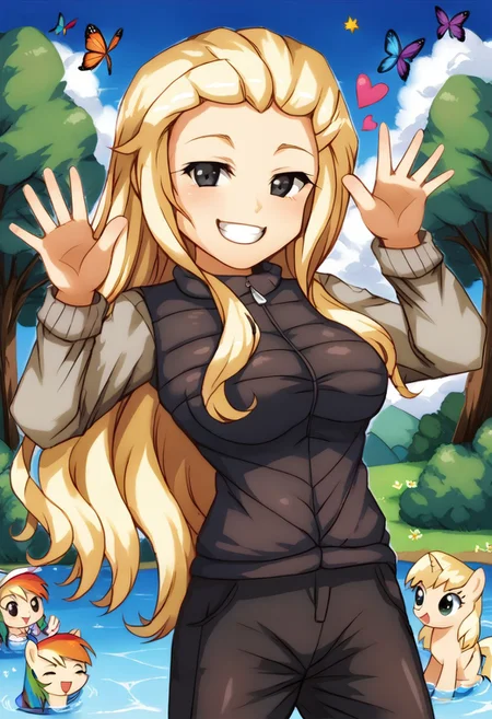 cute, kawaii, 2000s anime, moe anime, 2000s anime style, moe anime style, <lora:ALTXL_pony_0061_8:6>, dire, direpony, score_8_up,score_7_up, 1girl, long hair,blonde hair, slicked back hair, black eyes, black pants, demure, eyeliner, facing viewer, looking at viewer, parka, sunshine, hapiness, rainbows, butterflies, big smile, big grin, happy pose, sunbeams, trees, water, cute, kawaii, cutecore, kawaiicore, cutegore, kawaiigore, colorful stars, pastel colors, hearts, rainbow, rainbow text saying: "I love you!",