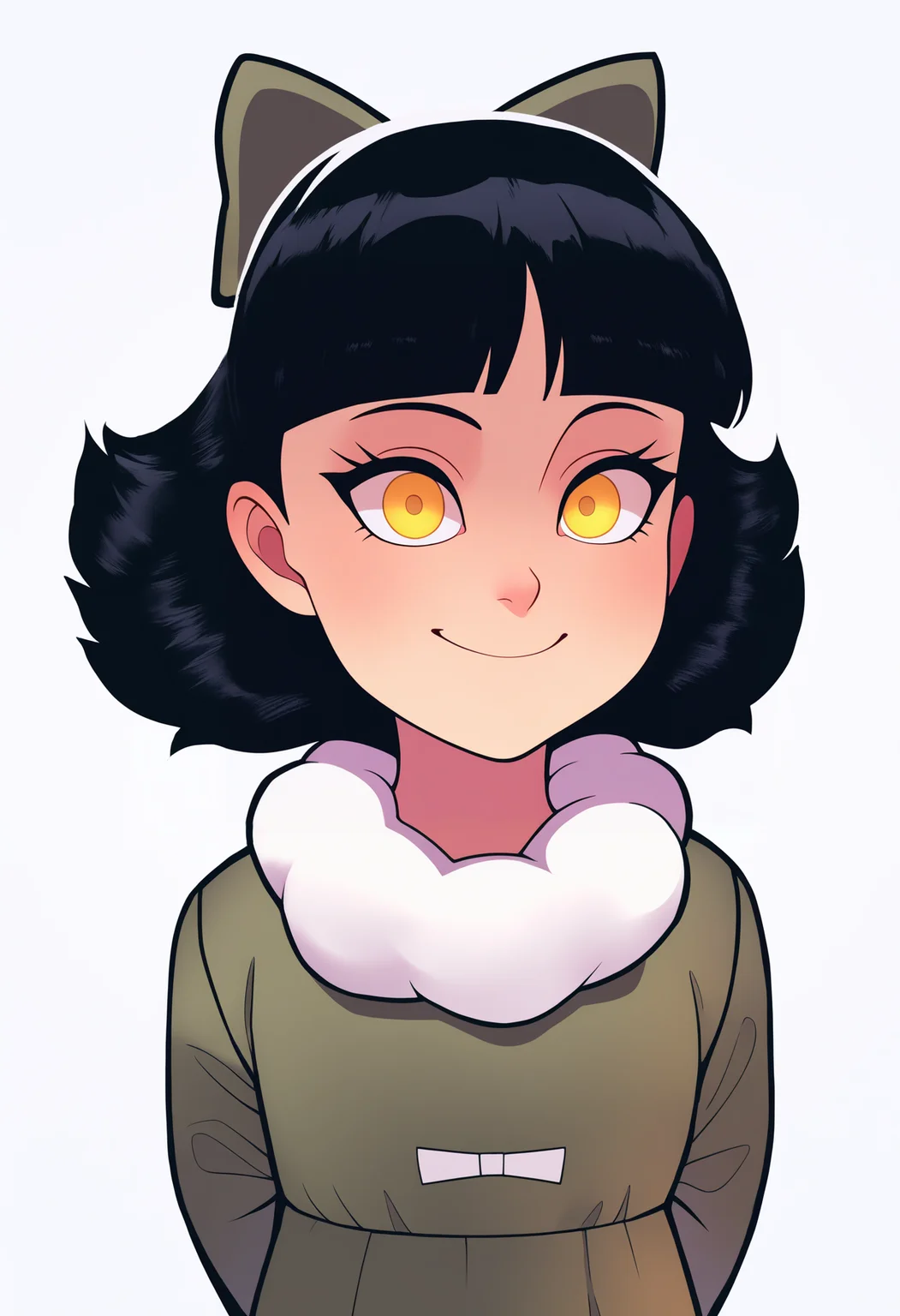 masterpiece, best quality, very aesthetic, absurdres,
1girl, oliviamann, black hair, bangs, short hair, yellow eyes, hair bow, green dress, long sleeves, pantyhose,
hands behind back, smile, upper body, looking at viewer, solo, simple background, white background  <lora:OliviaMannNoobXL_byKonan:1>