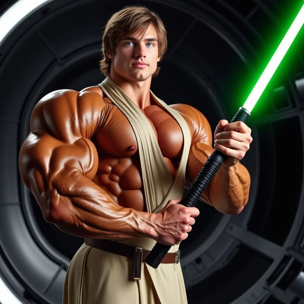 a zoomed out shot of a beautiful 18yo male bodybuilder Luke Skywalker wearing a sleeveless robe that has a deep plunging neckline that shows his massive pecs and deep cleavage and his rippling abdominals, his arms are bare, he is holding a light saber that glows black with both hands standing in a futuristic spaceship, full body shot, cover model looks, skin details, ultrarealistic, hyperdetailed photography, bright blue eyes, medium length hair in a messy style, vibrant lighting, bulging muscles, glossy tan muscles arrogant swagger, his waist is narrow, narrow hips, one arm raised out to the side while he flexes huge biceps