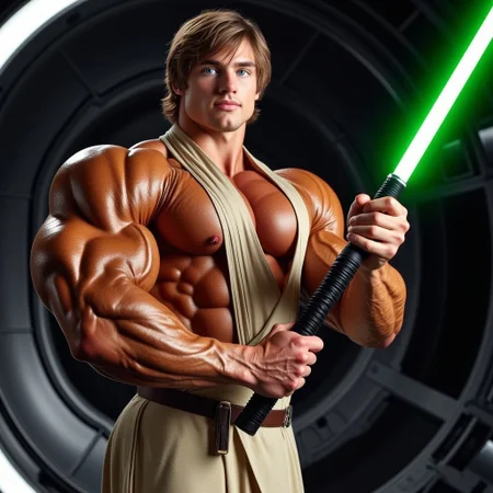 a zoomed out shot of a beautiful 18yo male bodybuilder Luke Skywalker wearing a sleeveless robe that has a deep plunging neckline that shows his massive pecs and deep cleavage and his rippling abdominals, his arms are bare, he is holding a light saber that glows black with both hands standing in a futuristic spaceship, full body shot, cover model looks, skin details, ultrarealistic, hyperdetailed photography, bright blue eyes, medium length hair in a messy style, vibrant lighting, bulging muscles, glossy tan muscles arrogant swagger, his waist is narrow, narrow hips, one arm raised out to the side while he flexes huge biceps