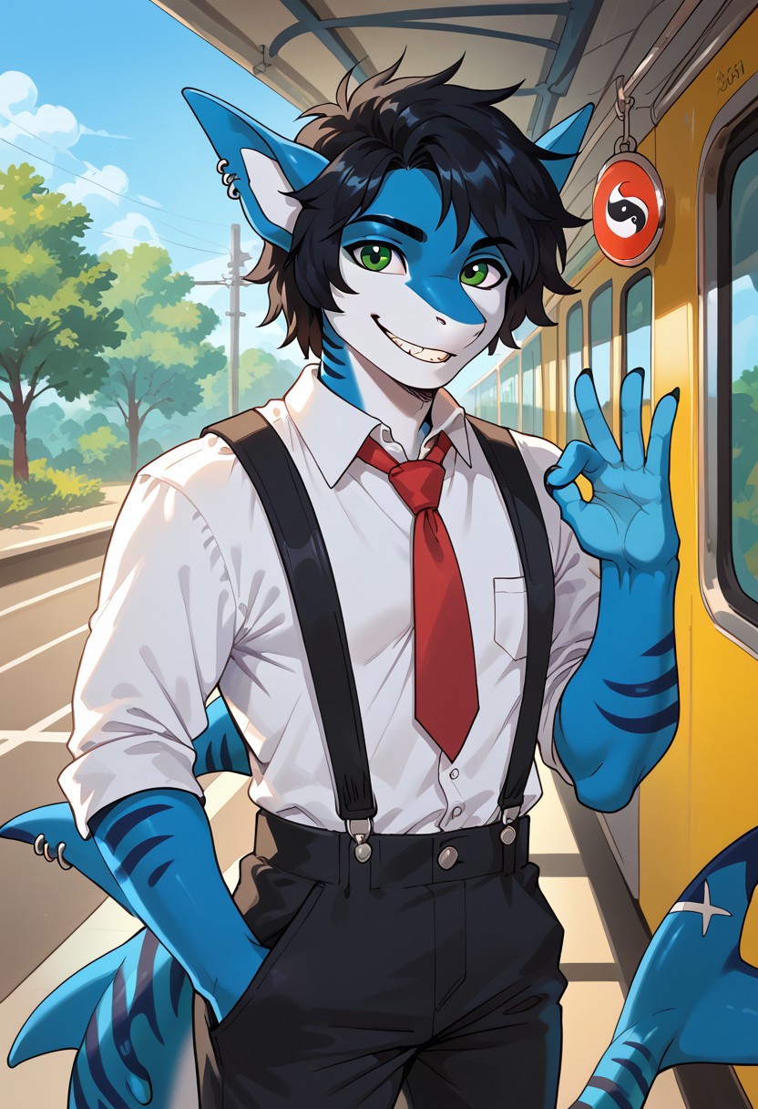 scappo,  score_9, score_8_up, score_7_up, 1boy, solo, lunarsunxl, anthro shark,dark blue skin, stripes on the body, short hair,lush hair,black hair, green eyes, shark tail, ear piercing, BREAK, Back to the viewer, half turned, looking at the viewer, white shirt, red tie, black trousers, suspenders, pink ribbon on hand, shell pendant, yin-yang pendant, goodbye gesture, big smile, happy face, train station platform background, sunny day,