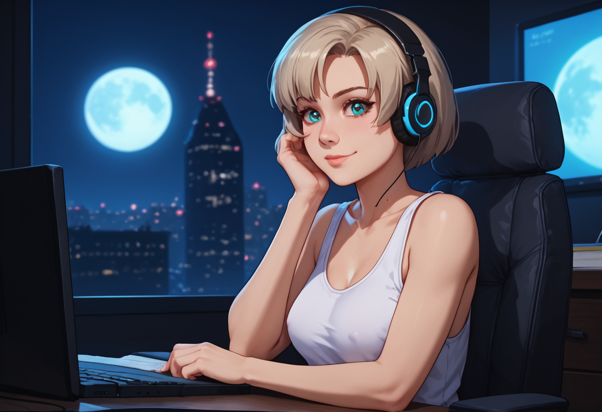 score_9, score_8_up, score_7_up, score_6_up, <lora:bouncy_pony:0.5>, contrast of cool dark background with warm bright foreground, full color, night, moon light, volumetric moonlight, depth of field
cyberpunk Aesthetic, modern bedroom Aesthetic, Blurry Background, neo-Tokyo city view, stary night, full moon, light rays, beautiful natural lighting, glow, light,
<lora:Nene_Romanova_-_Bubblegum_Crisis_Tokyo_2040:1>, Nene, loose tank top, white underware,
{petite body, athletic body, medium breasts, perfect round firm tits, medium round perfect tits, (medium Breasts:0.8), long legs, perfect anatomy, perfect face, perfect nose, detailed eyes, beautiful eyes, perfect eyes, perfect breasts, anatomically correct hands:1.3},
light smile, cute, side view, from side,
lofi girl style, sitting behind a desk, sitting at desk, in front of a computer, headphones, eyes looking at computer screen, lofi girl \(youtube\), zoom out,