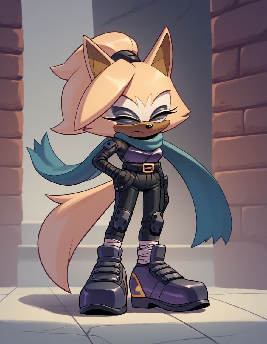 zPDXL, score_9, score_8_up, score_7_up, score_6_up, score_5_up, score_4_up, <lora:hand 4:0.8>, 1girl, solo, sonic \(series\), 
<lora:Whispangle_v0-2-20:0.8> whisper the wolf, wolf ears, wolf tail, brown fur, yellow fur, two-tone fur, ponytail, closed eyes, closed mouth, ninja wearing a scarf mask, shadow purple armored ninja tunic with steel plates, ninja trousers, stealth shoes, leg wraps,stealth belt, 
<lora:EvanStan:0.8> evnstnly, arm at side, head tilt