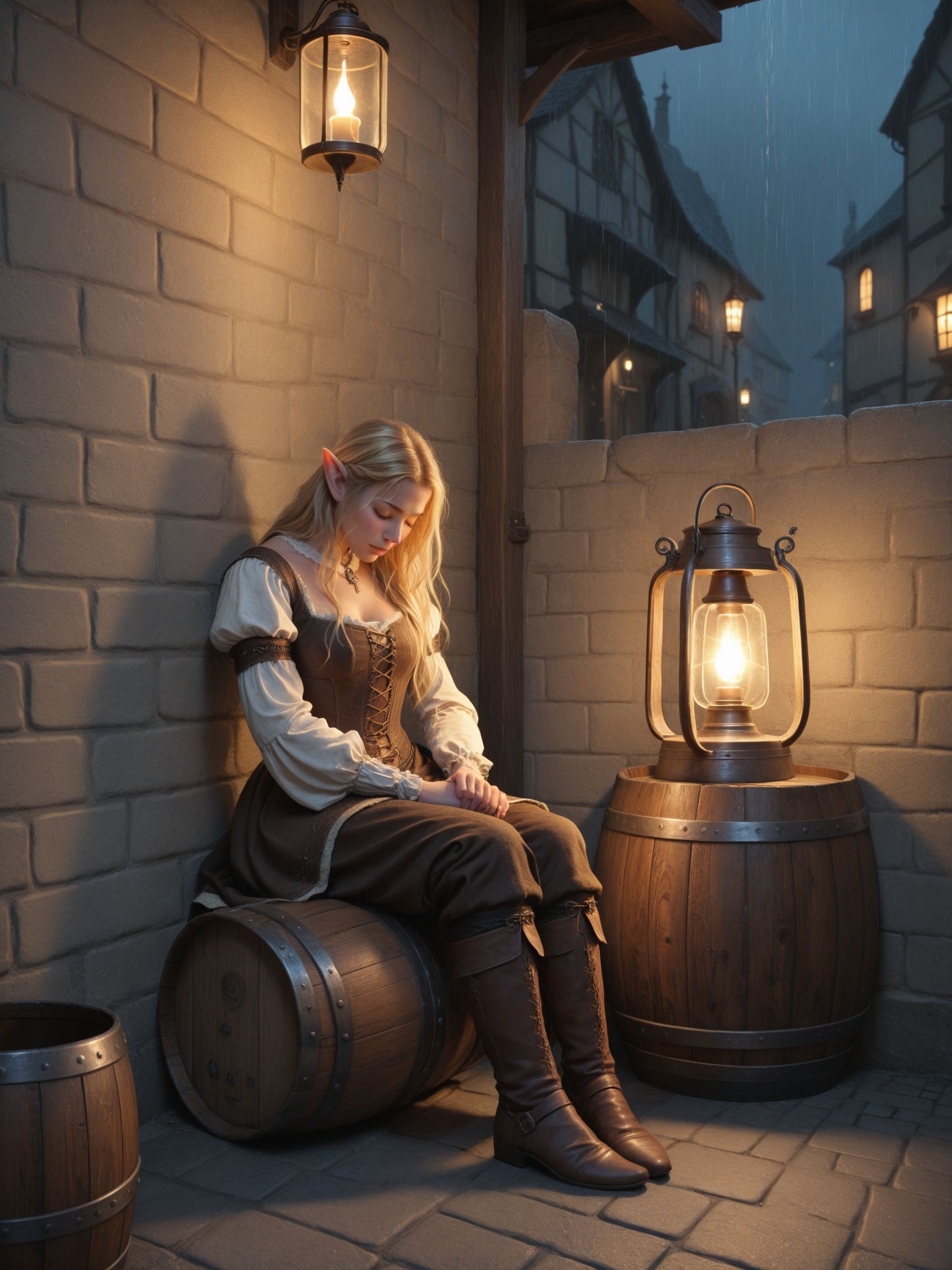 score_9, score_8_up, score_7_up
, 1girl,  elf, blonde hair, closed eyes, head down
, sitting, on small barrel, leaning back, leaning on wall, elbows on knees
, street, candlelight, lantern, rain, barrels
, night
, medieval, fantasy, BREAK volumetric lighting, depth of field, cinematic shot, vibrant, detailed, dramatic light