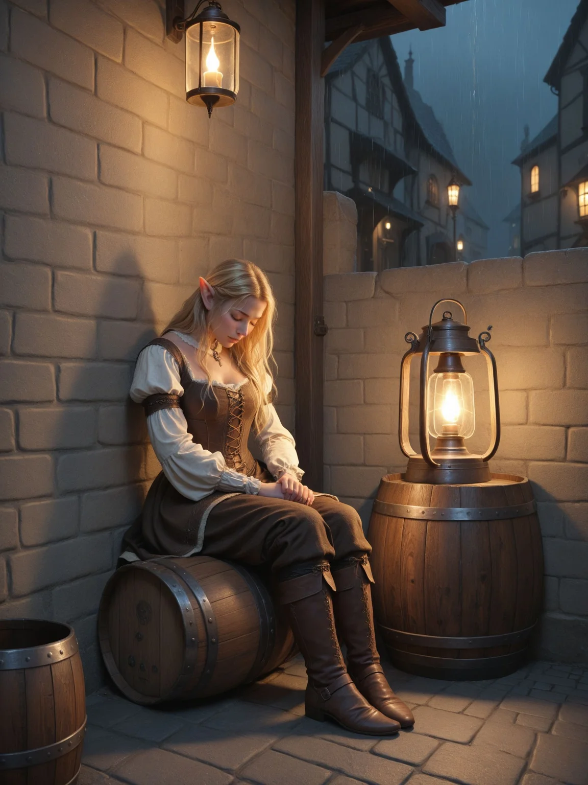score_9, score_8_up, score_7_up
, 1girl, elf, blonde hair, closed eyes, head down
, sitting, on small barrel, leaning back, leaning on wall, elbows on knees
, street, candlelight, lantern, rain, barrels
, night
, medieval, fantasy, BREAK volumetric lighting, depth of field, cinematic shot, vibrant, detailed, dramatic light