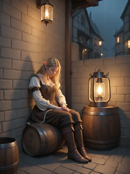 score_9, score_8_up, score_7_up
, 1girl, elf, blonde hair, closed eyes, head down
, sitting, on small barrel, leaning back, leaning on wall, elbows on knees
, street, candlelight, lantern, rain, barrels
, night
, medieval, fantasy, BREAK volumetric lighting, depth of field, cinematic shot, vibrant, detailed, dramatic light