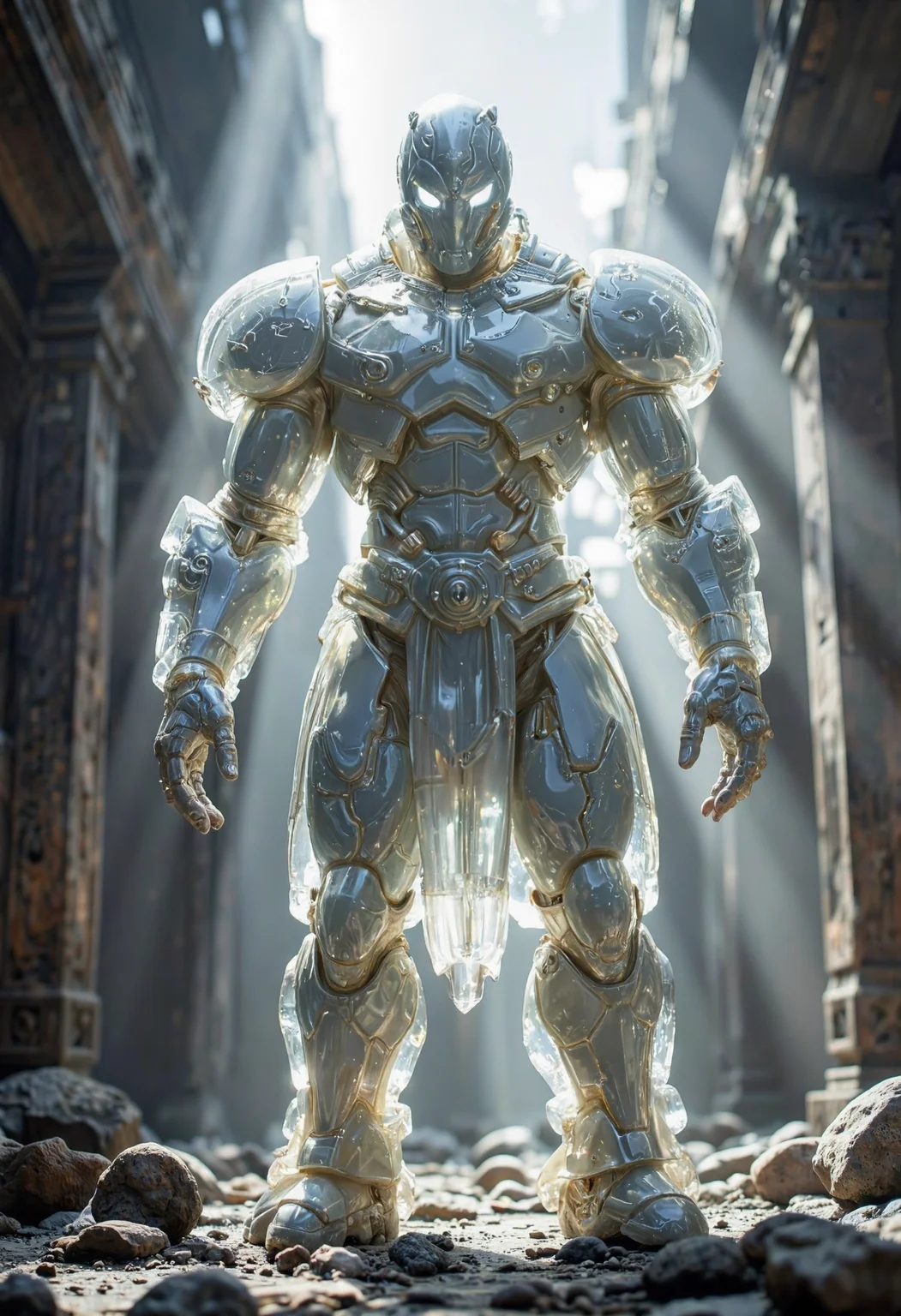 A massive golem made of transparent crystal, standing motionless in an ancient temple, with beams of light refracting off its surface.<lora:Flux.1_Turbo_Detailer.safetensors:0.7000000000000001:0.7000000000000001> <lora:Translucent_Colored_Glass_v02.safetensors:0.2:0.2>