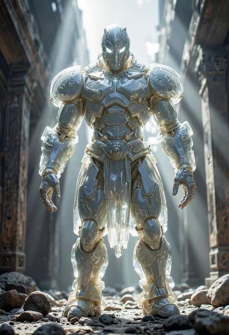 A massive golem made of transparent crystal, standing motionless in an ancient temple, with beams of light refracting off its surface.<lora:Flux.1_Turbo_Detailer.safetensors:0.7000000000000001:0.7000000000000001> <lora:Translucent_Colored_Glass_v02.safetensors:0.2:0.2>