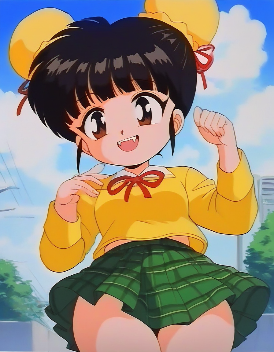 score_9, score_8_up, score_7_up, source_anime, rating_explicit, BREAK  <lora:Byouinji_Yunna_Anime_XL:1> ByouinjiYunna, short hair, bangs, black hair, brown eyes, short stack, solo, small breasts, 
1girl, solo, skirt, double bun, hair bun, fangs,  blue school uniform, smile, Yellow bun cover, green skirt,ãplaid skirt,
outdoor. day, sky,