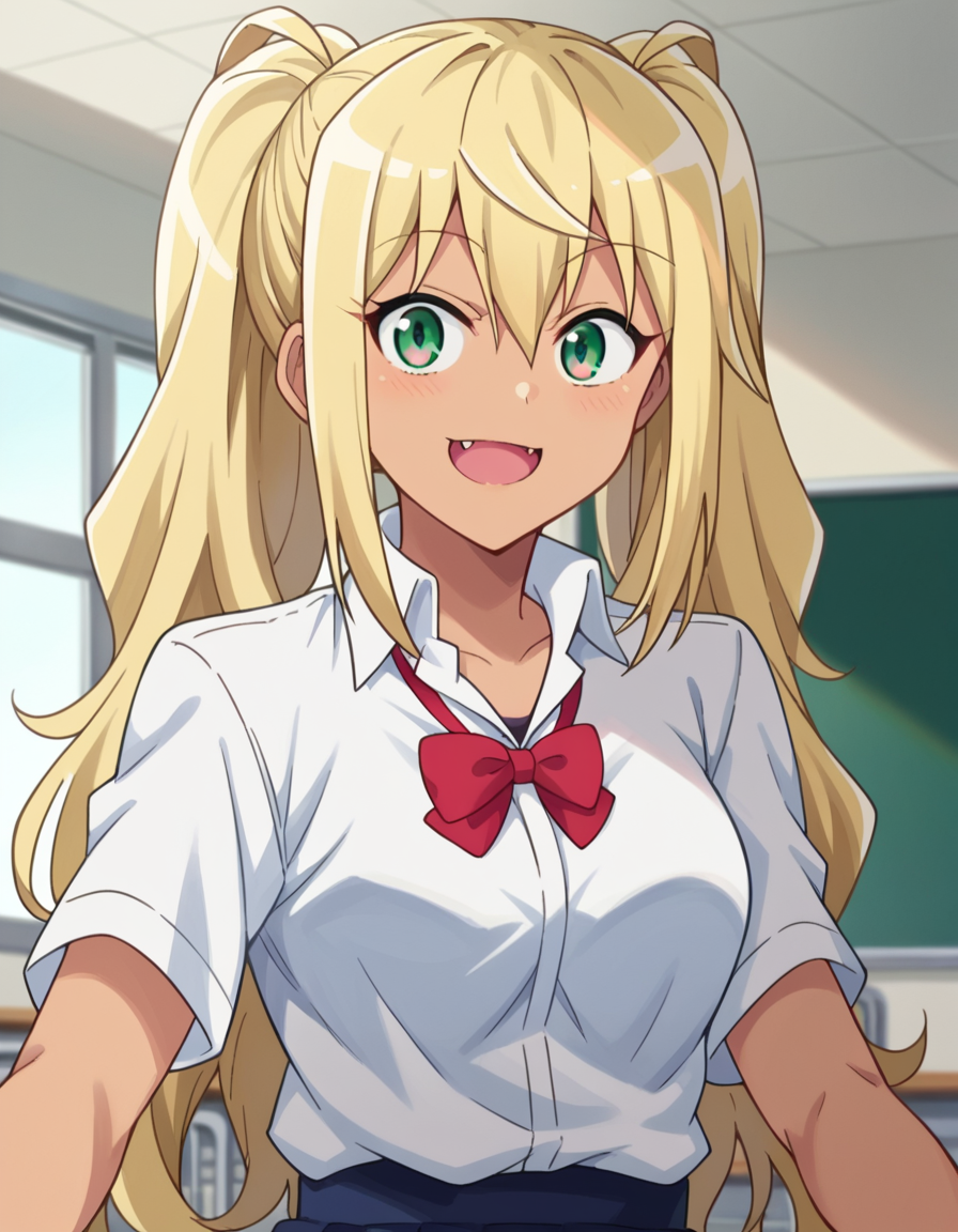 score_9, score_8_up, score_7_up, source_anime,
hibikisakura, <lora:hibiki-sakura-s1-ponyxl-lora-nochekaiser:1>
hibiki sakura, long hair, blonde hair, hair between eyes, twintails, green eyes, fang, dark skin, dark-skinned female, gyaru, mature female,
skirt, shirt, bow, school uniform, white shirt, short sleeves, collared shirt, bowtie, red bow, red bowtie,
indoors, classroom, smile,
looking at viewer, dutch angle, cowboy shot