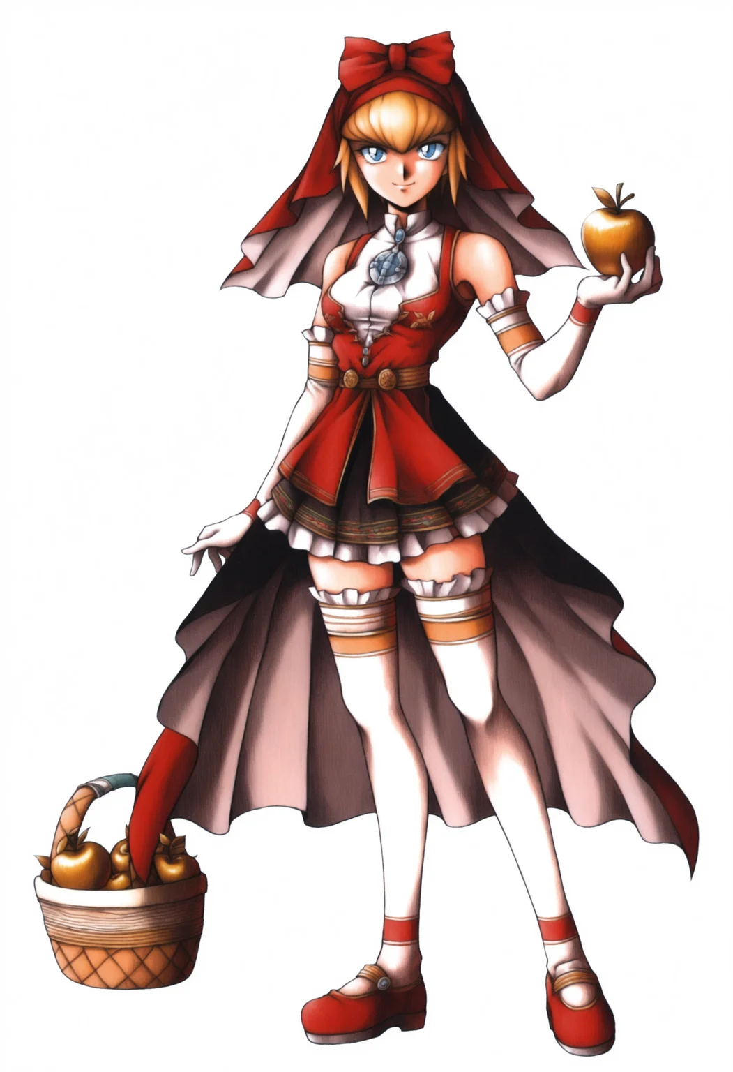 masterpiece, best quality, solo, 1girl, smile, looking at viewer, <lora:FF7-Offical-Art-illus_Fp:1>, 1990s \(style\), simple background, white background, full body, standing, <lora:Idun-illus_Fp:1>, s5un, blonde hair, blue eyes, short hair, veil, bow, red dress, collared dress, bare shoulders, black skirt, elbow gloves, brooch, white thighhighs, white gloves, frills, golden apple, basket,