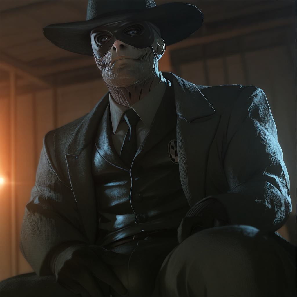 score_9, score_8_up, score_7, anime style, very detailed, highly detailed texture, (highly detailed face, (perfect face, perfect eyes)), depth of field, perfect soft lighting, best shadows, perfect reflections, volumetric, detailed image, high resolution, defined faces, sharp definition, male focus, bara, anime, masterpiece, 1 man, Skull Face(Metal Gear Solid)scarred face, burned face, wearing a wide-brimmed black hat, black eye mask, trench coat, suit under it,, blue eyes, sitting on a chair, grabbing the bulge of his crotch, sexy pose, low angle
