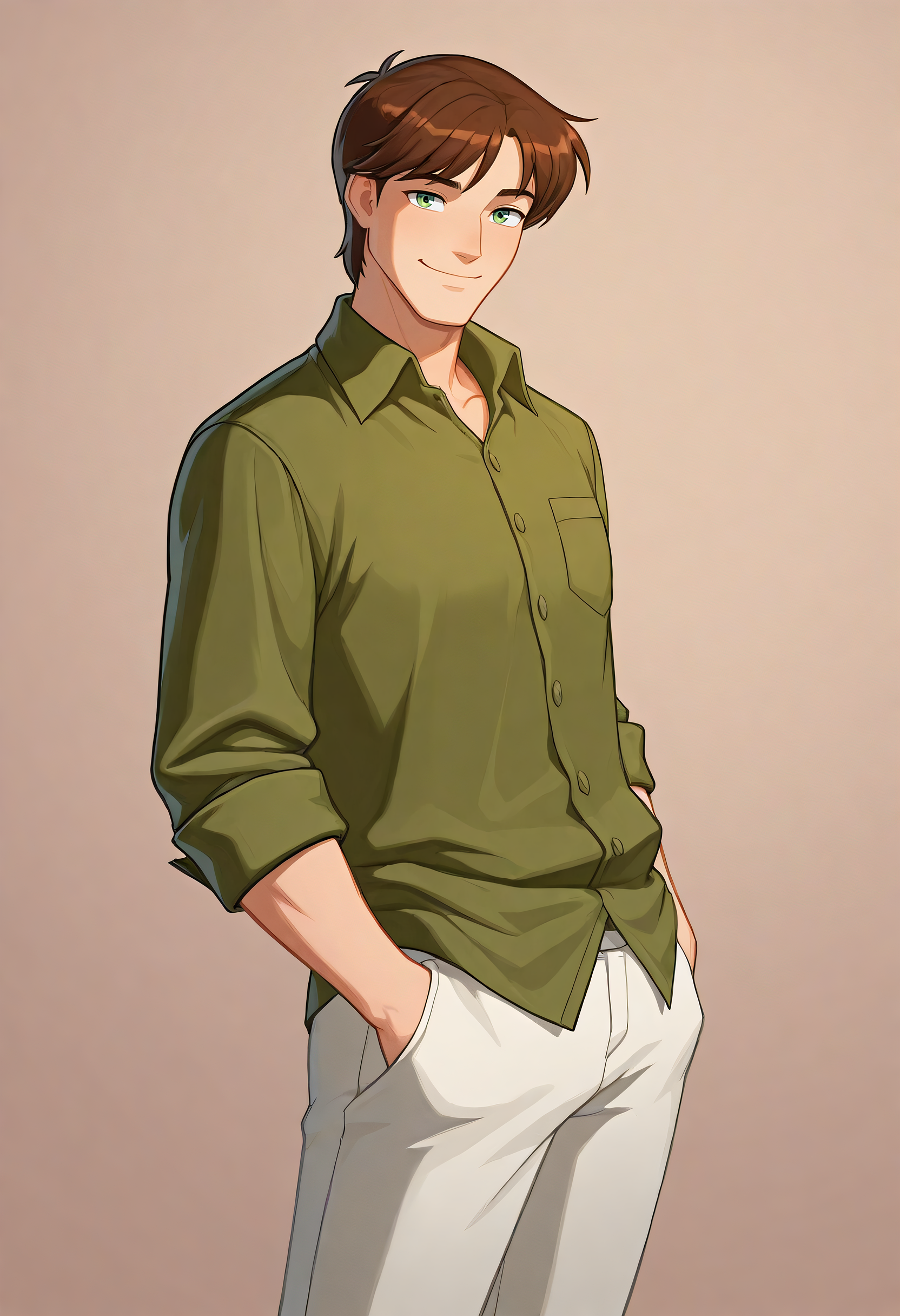 embedding:Illustrious\Positive\IllusP0s, embedding:Illustrious\Positive\IllustriousQual,1boy, dean_ts!, male focus, solo, brown hair, green eyes, green shirt, white trousers, hands in pockets, smile, look at viewer, best quality, high resolution, masterpiece.