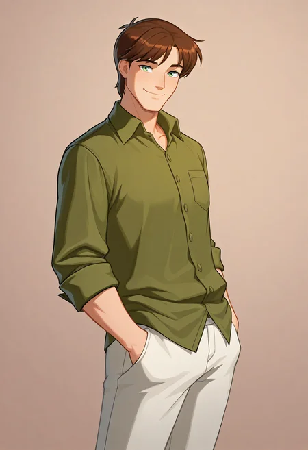 embedding:Illustrious\Positive\IllusP0s, embedding:Illustrious\Positive\IllustriousQual,1boy, dean_ts!, male focus, solo, brown hair, green eyes, green shirt, white trousers, hands in pockets, smile, look at viewer, best quality, high resolution, masterpiece.