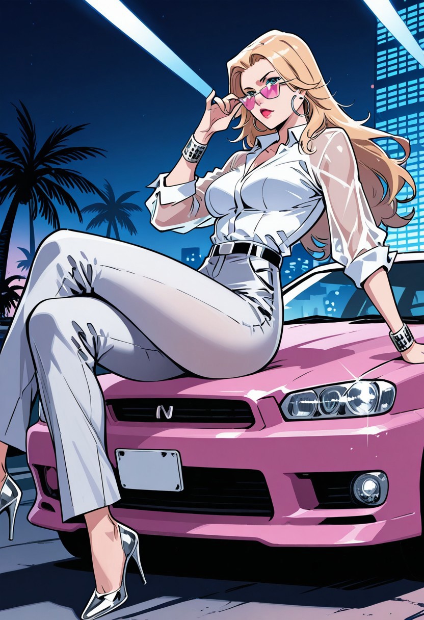 1girl, solo, detailed face, detailed eyes, Dazzler, blue eyes, blonde hair, long hair, thick thighs, medium breasts, toned female, collarbone, 
BREAK
see-through shirt, white buttoned shirt, collared shirt, long sleeves, see-through sleeves, white undershirt, glint, (star-shaped eyewear, pink-tinted eyewear), hoop earrings, silver bracelets, belt, high-waist pants, white dress pants, silver stiletto heels, pink lips, lipstick,
BREAK
dynamic pose, sitting, on car, on car hood, looking over eyewear, adjusting eyewear, sideways glance, looking at viewer, 
BREAK 
Outdoors, 80s, pink car, motor vehicle, sports car, (nissan skyline:1.4), (car out of frame:0.9), miami vice city, art deco neon hotels, palm trees, pink and teal sunset, urban environment, detailed background, 
BREAK
( fine texture, masterpiece, ultra-detailed, very aesthetic, absurdres, volumetric lighting, scenery, newest, absolutely eye-catching, rating_explicit),
BREAK.