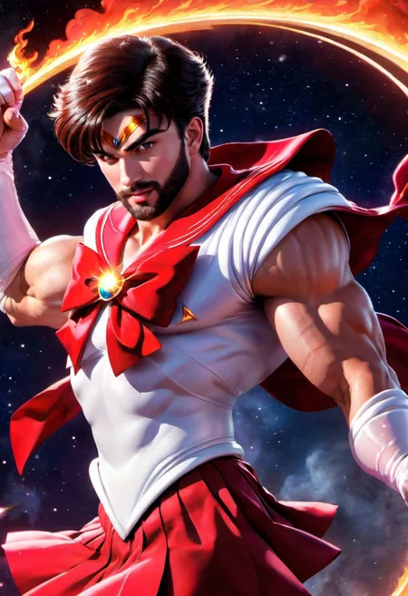 1male, male focus, riot style, digital art, concept art, semi realistic, fantasy, 4k, best quality, masterpiece, extremely detailed, very detailed face, very detailed eyes, dynamic angle, close up, dynamic pose, rising hand, movie poster of a male bodybuilder, MAN, MALE, muscular male, handsome, young man, brunette, medium hair, straight hair, pointed eyebrows, full beard, huge plumped lips, big lips, vieogame eyes, blush, big pectorals, strong, happy, smirking, wearing a sailor mars dress, sailor senshi uniform, shooting an arrow, fighting in space, surrounded by fire, (cinematic light, volumetric)