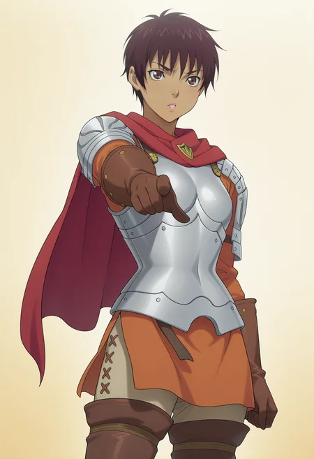 masterpiece, best quality, amazing quality, anime coloring, anime screencap, solo, 1girl, <lora:DX888Casca:1> casca, dark-skinned female, bronw hair, brown eyes, pixie cut, breastplate,shoulder armor, leather gloves, orange shirt, cape, thigh boots BREAK pointing down, yellow background pastel background, cowboy shot,
