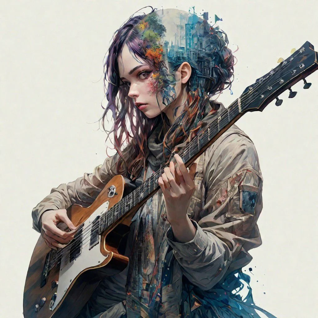 Spirited musician with guitar, by Minjae Lee, Carne Griffiths, Emily Kell, Steve McCurry, Geoffroy Thoorens, Aaron Horkey, Jordan Grimmer, Greg Rutkowski, amazing depth,high resolution, ink painting