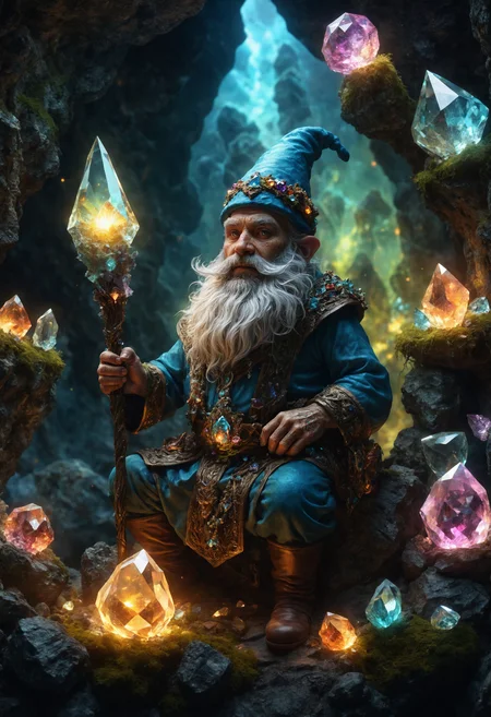best quality, high resolution, Chiaroscuro lighting. A gnome with a gray beard in a cave mining gems, (crystals:1.3), tale, dreamlike, surrealism, Quartz colorful, Light caustics effect, moss, God's rays. professional photography, misty light, glow in the dark, volumetric lighting, , intricately detailed, complex, elegant, expansive, fantastical, in the dangerous fantasy world